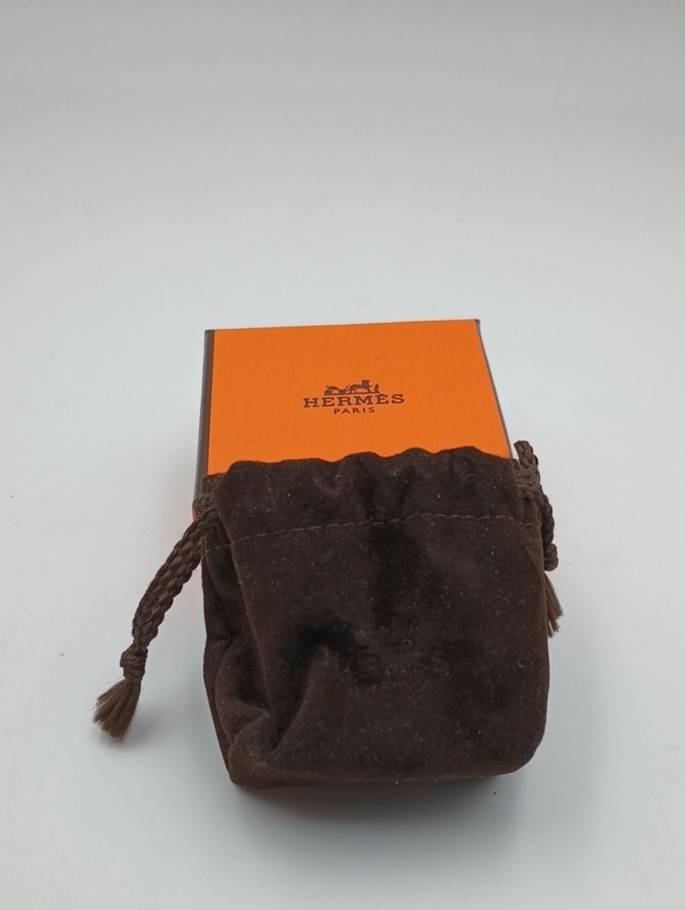 Hermès Orange Box with Brown Velvet Drawstring Pouch Small Jewelry Box